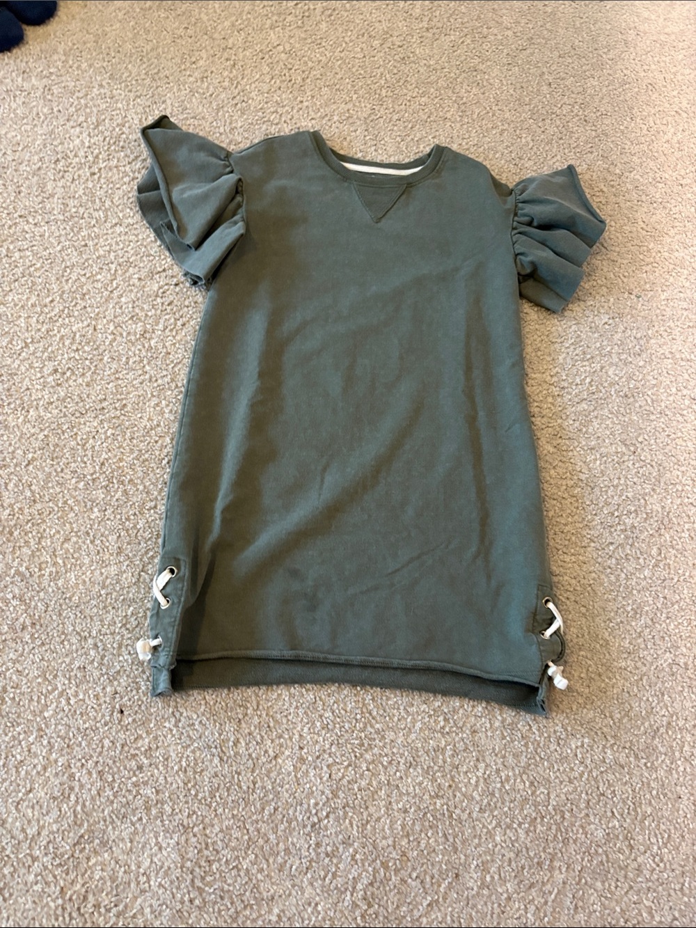 Girls' Olive Ruffle Sleeve Sweatshirt Dress with Side Lace-Up